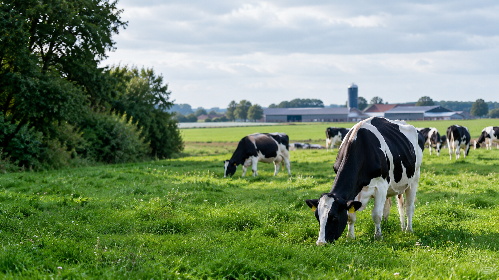Black and white dairy cows in a green field
